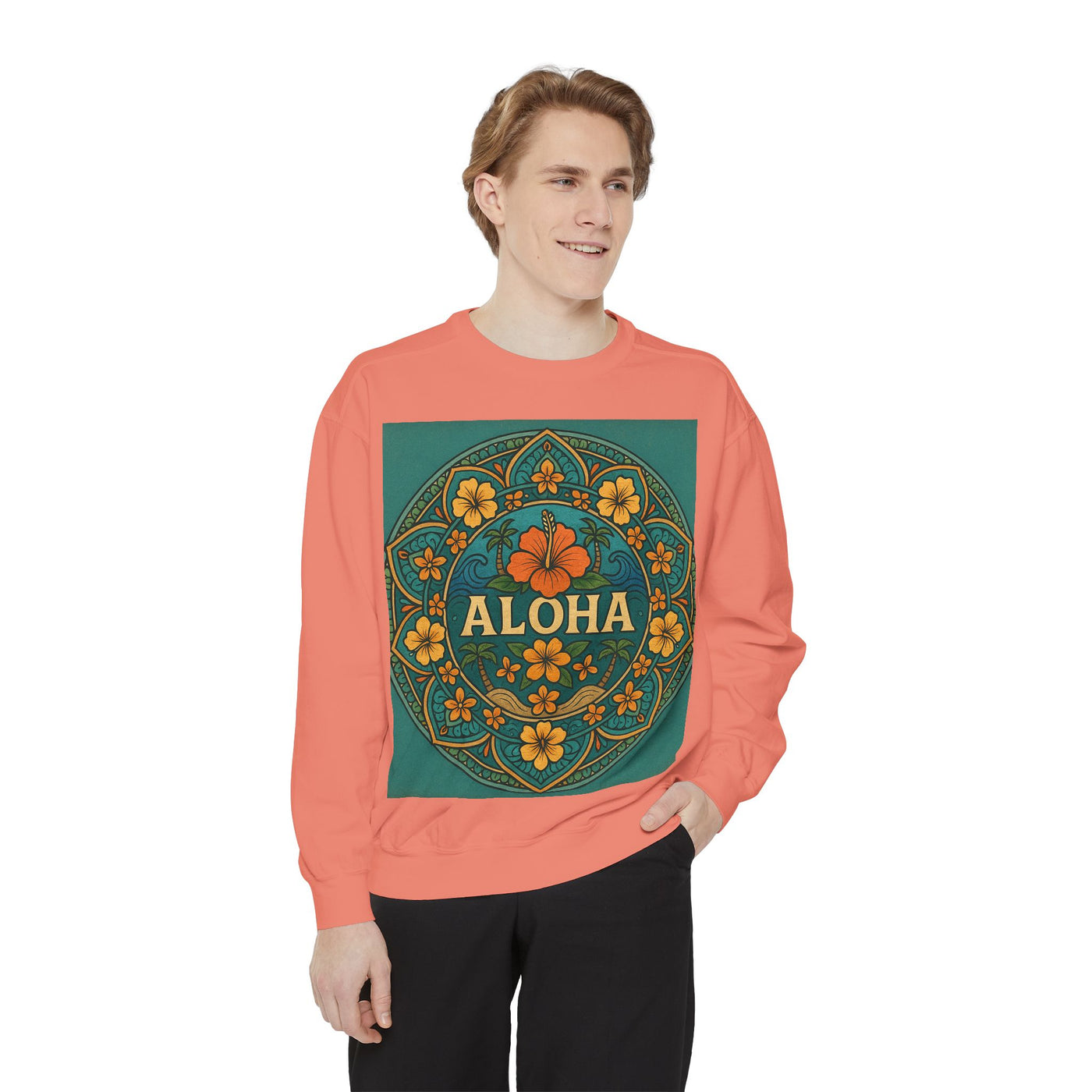 Aloha Floral Sweatshirt, Unisex Garment-Dyed Crewneck, Cozy Beach Vibes, Gift for Friends, Tropical Style Apparel, Casual Everyday Wear