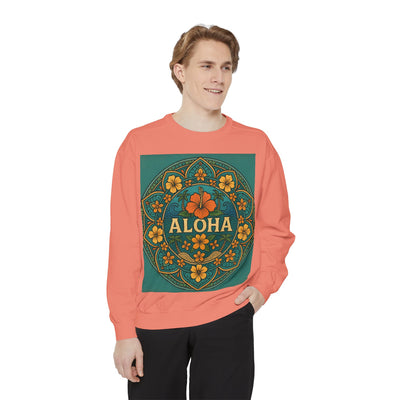 Aloha Floral Sweatshirt, Unisex Garment-Dyed Crewneck, Cozy Beach Vibes, Gift for Friends, Tropical Style Apparel, Casual Everyday Wear