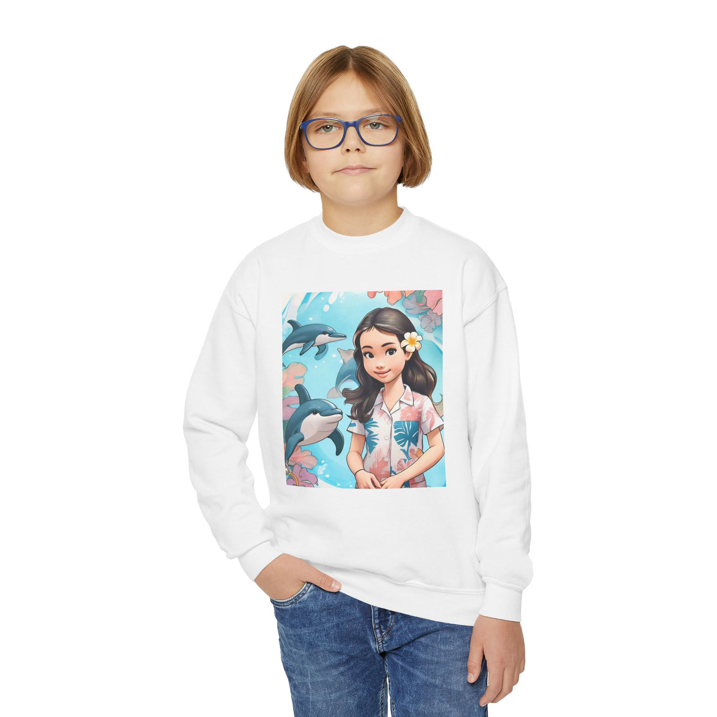 Dolphin Girl Youth Crewneck Sweatshirt — Cute Island Girl Graphic