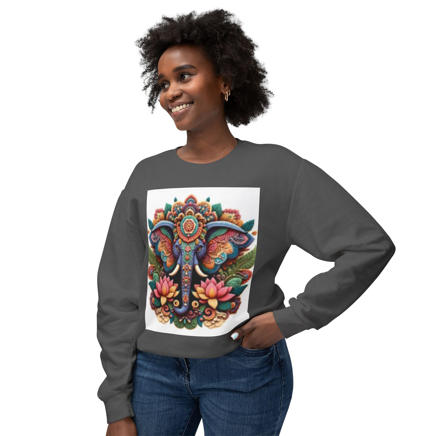 Colorful Elephant Design Lightweight Sweatshirt, Cozy Crewneck, Bohemian Style, Perfect for Festivals, Everyday Wear, Unique Gift