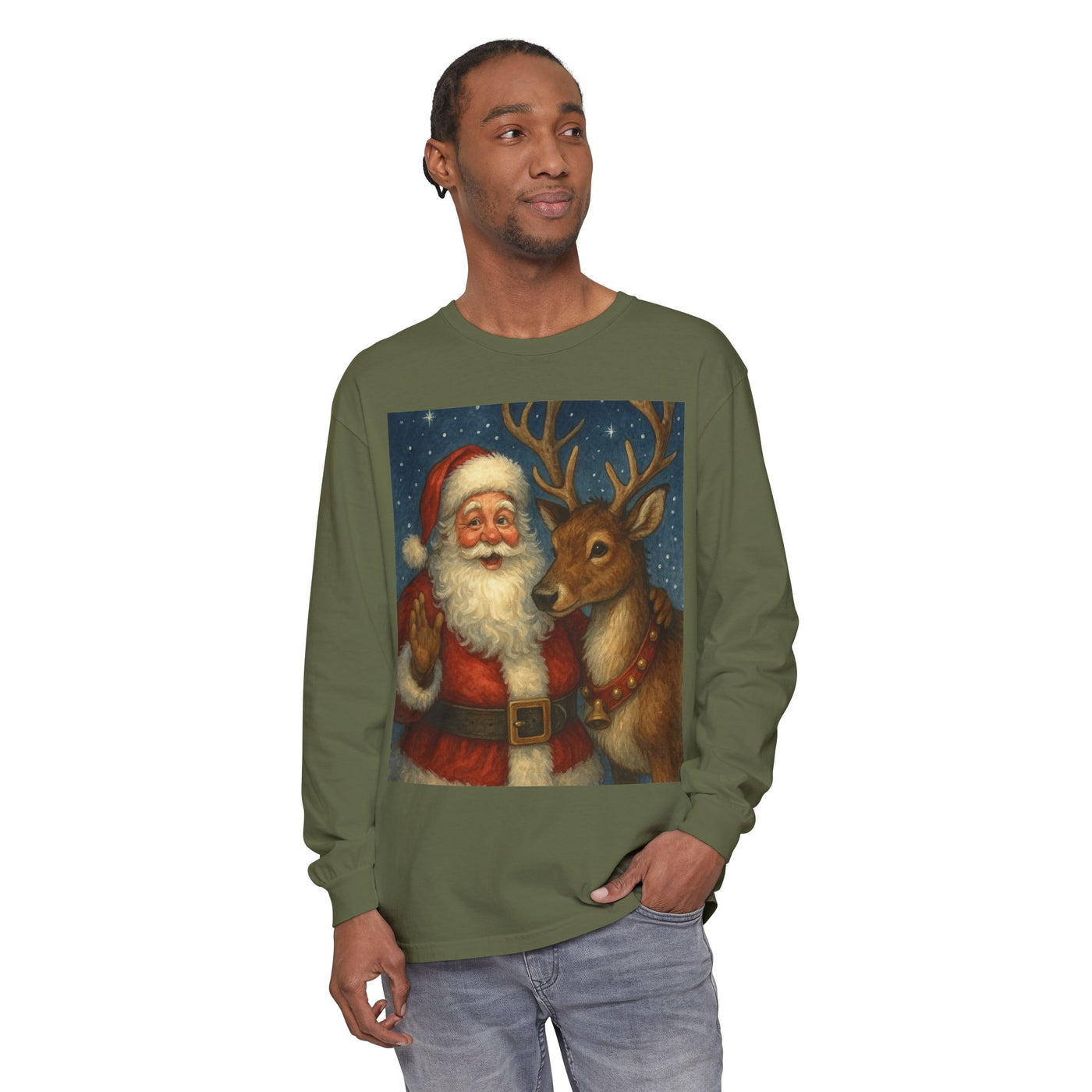 Santa & Reindeer Vintage Christmas Long Sleeve Tee