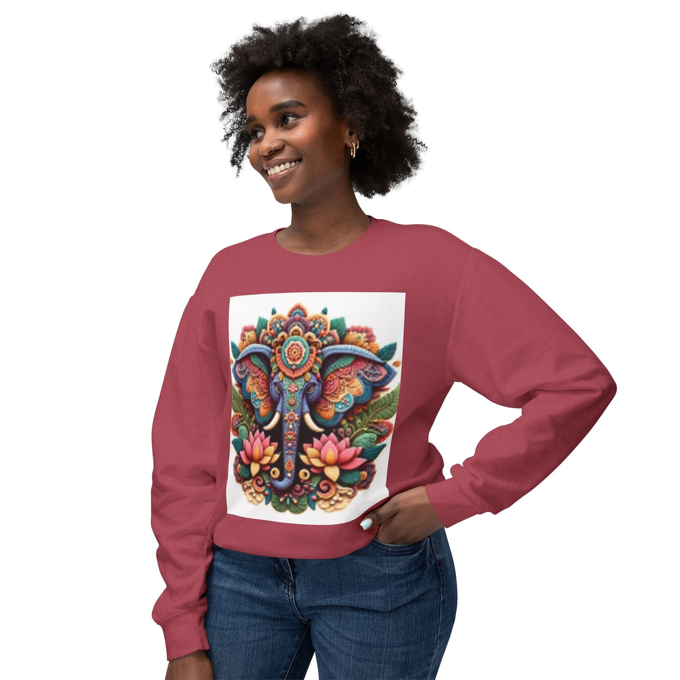 Colorful Elephant Design Lightweight Sweatshirt, Cozy Crewneck, Bohemian Style, Perfect for Festivals, Everyday Wear, Unique Gift