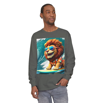 Surfing Lion Long Sleeve T-Shirt, Casual Beachwear, Cool Animal Tee, Gift for Animal Lovers, Summer Graphic Shirt
