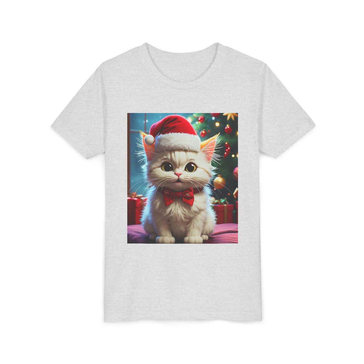 Christmas Cat Youth Tee, Holiday T-Shirt, Cute Kitten Shirt, Kids Christmas Gift, Festive Apparel