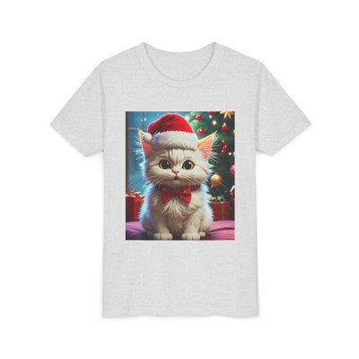 Christmas Cat Youth Tee, Holiday T-Shirt, Cute Kitten Shirt, Kids Christmas Gift, Festive Apparel