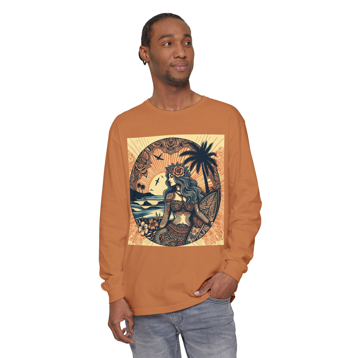 Surf Goddess Long Sleeve T-Shirt — Vintage Tropical Beach Design