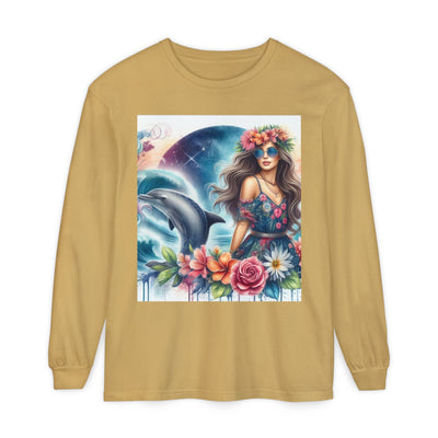 Dolphin Dream Long Sleeve Tee, Boho Style Shirt, Ocean Lover Gift, Beach Party Outfit, Casual Wear, Floral Graphic Tee