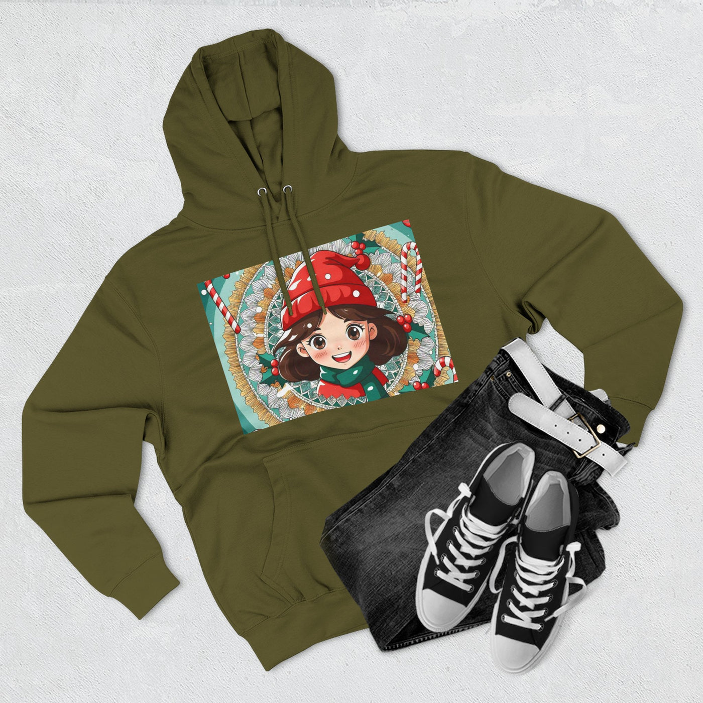 Cute Holiday Three-Panel Fleece Hoodie, Christmas Gift, Cozy Pullover, Winter Apparel, Kids Sweater, Cartoon Design