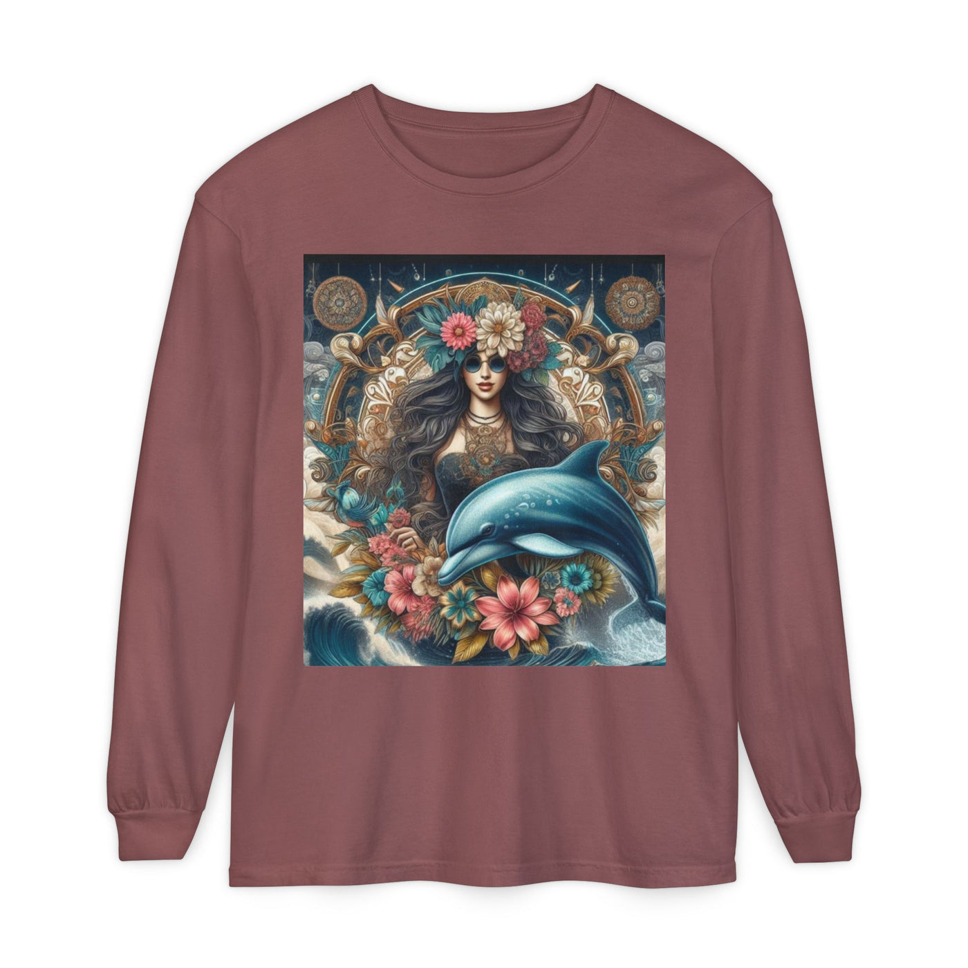Bohemian Dolphin Art Long Sleeve T-Shirt, Tropical Tees, Casual Wear, Gifts for Nature Lovers, Eco-Friendly Apparel, Summer Vibes