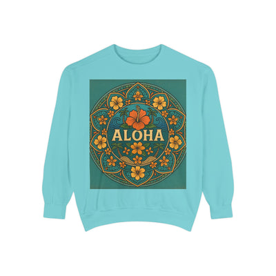 Aloha Floral Sweatshirt, Unisex Garment-Dyed Crewneck, Cozy Beach Vibes, Gift for Friends, Tropical Style Apparel, Casual Everyday Wear