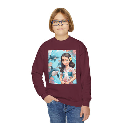 Dolphin Girl Youth Crewneck Sweatshirt — Cute Island Girl Graphic