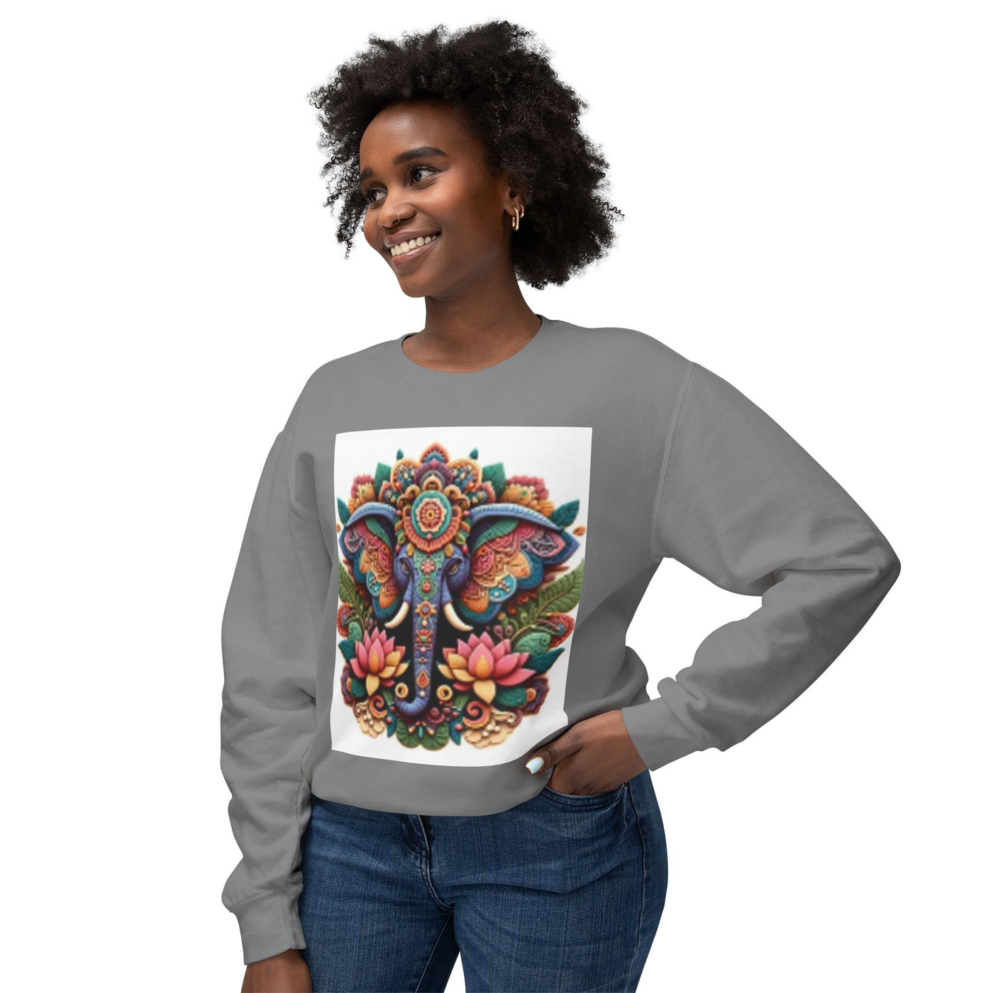 Colorful Elephant Design Lightweight Sweatshirt, Cozy Crewneck, Bohemian Style, Perfect for Festivals, Everyday Wear, Unique Gift