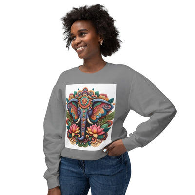 Colorful Elephant Design Lightweight Sweatshirt, Cozy Crewneck, Bohemian Style, Perfect for Festivals, Everyday Wear, Unique Gift