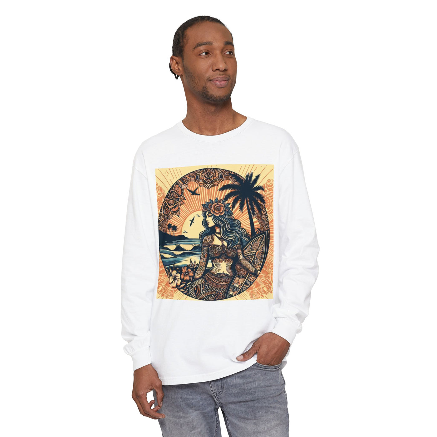 Surf Goddess Long Sleeve T-Shirt — Vintage Tropical Beach Design