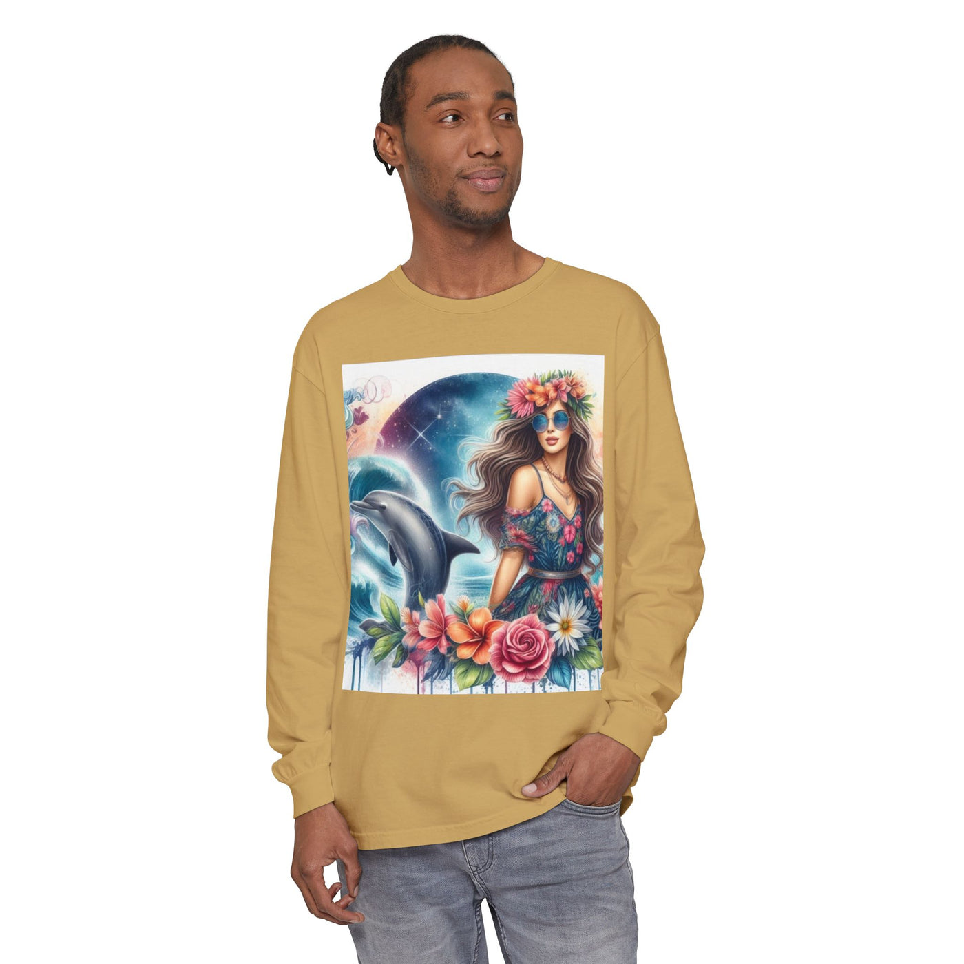 Dolphin Dream Long Sleeve Tee, Boho Style Shirt, Ocean Lover Gift, Beach Party Outfit, Casual Wear, Floral Graphic Tee