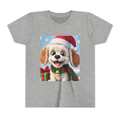 Cute Puppy Holiday Youth Short Sleeve Tee, Kids Christmas Gift, Dog Lover Shirt, Holiday Apparel, Fun Winter Wear