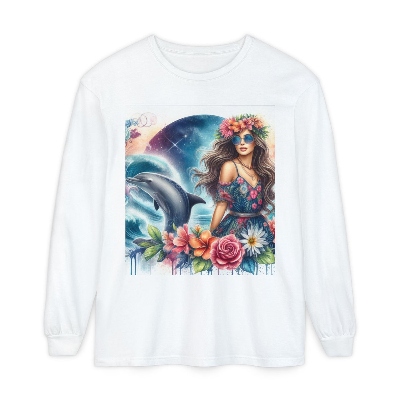 Dolphin Dream Long Sleeve Tee, Boho Style Shirt, Ocean Lover Gift, Beach Party Outfit, Casual Wear, Floral Graphic Tee