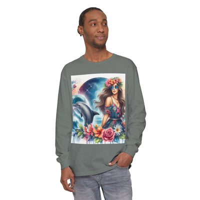 Dolphin Dream Long Sleeve Tee, Boho Style Shirt, Ocean Lover Gift, Beach Party Outfit, Casual Wear, Floral Graphic Tee