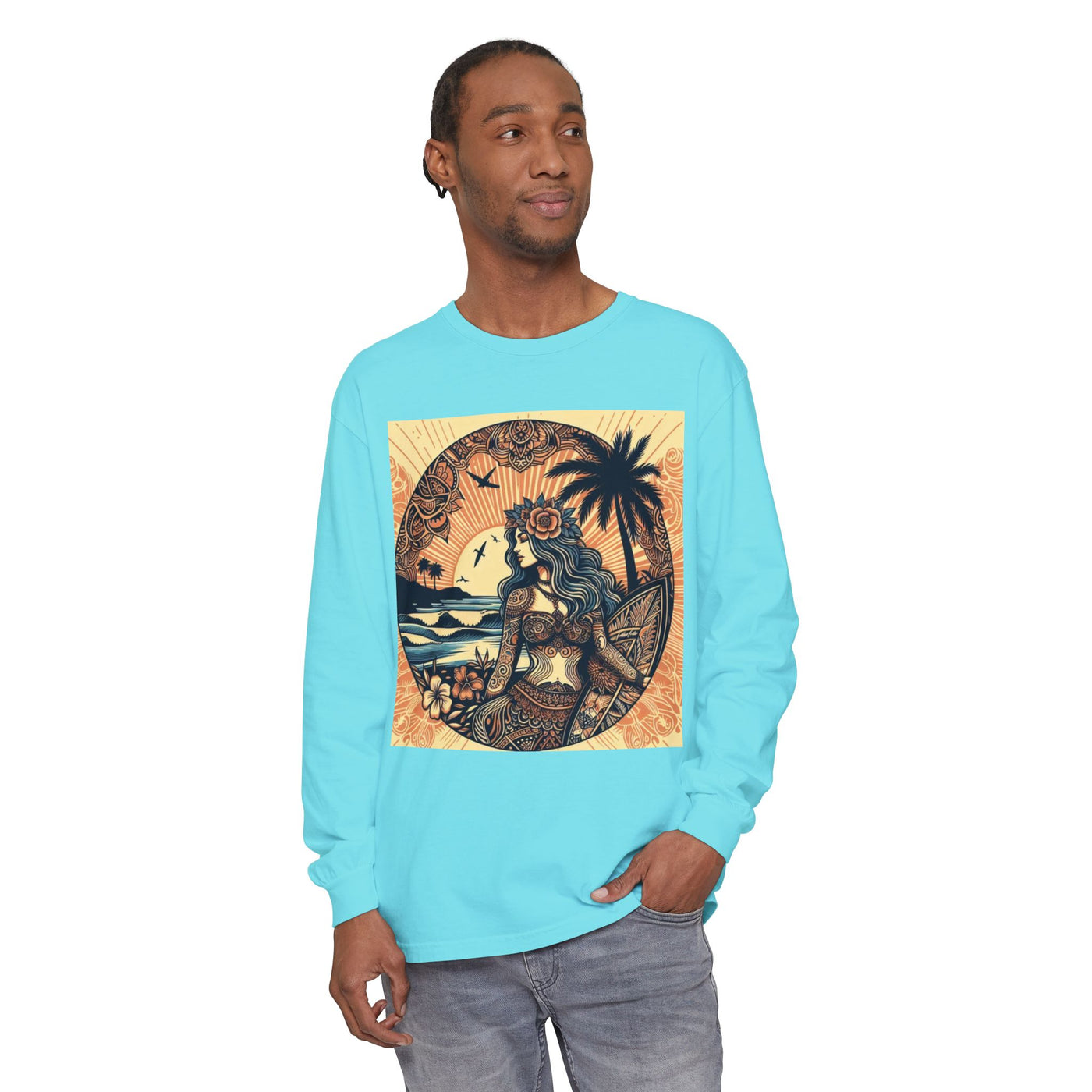 Surf Goddess Long Sleeve T-Shirt — Vintage Tropical Beach Design