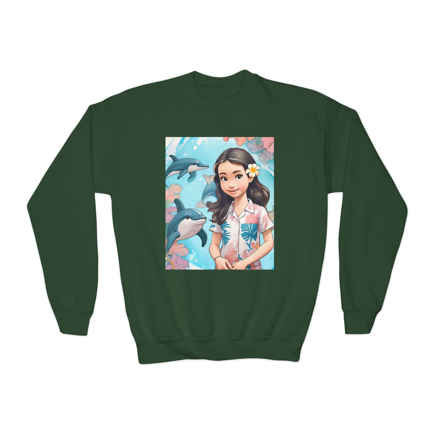 Dolphin Girl Youth Crewneck Sweatshirt — Cute Island Girl Graphic
