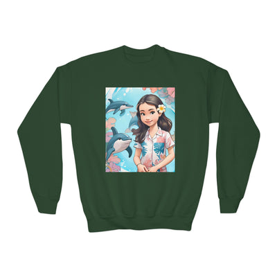 Dolphin Girl Youth Crewneck Sweatshirt — Cute Island Girl Graphic