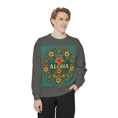 Aloha Floral Sweatshirt, Unisex Garment-Dyed Crewneck, Cozy Beach Vibes, Gift for Friends, Tropical Style Apparel, Casual Everyday Wear