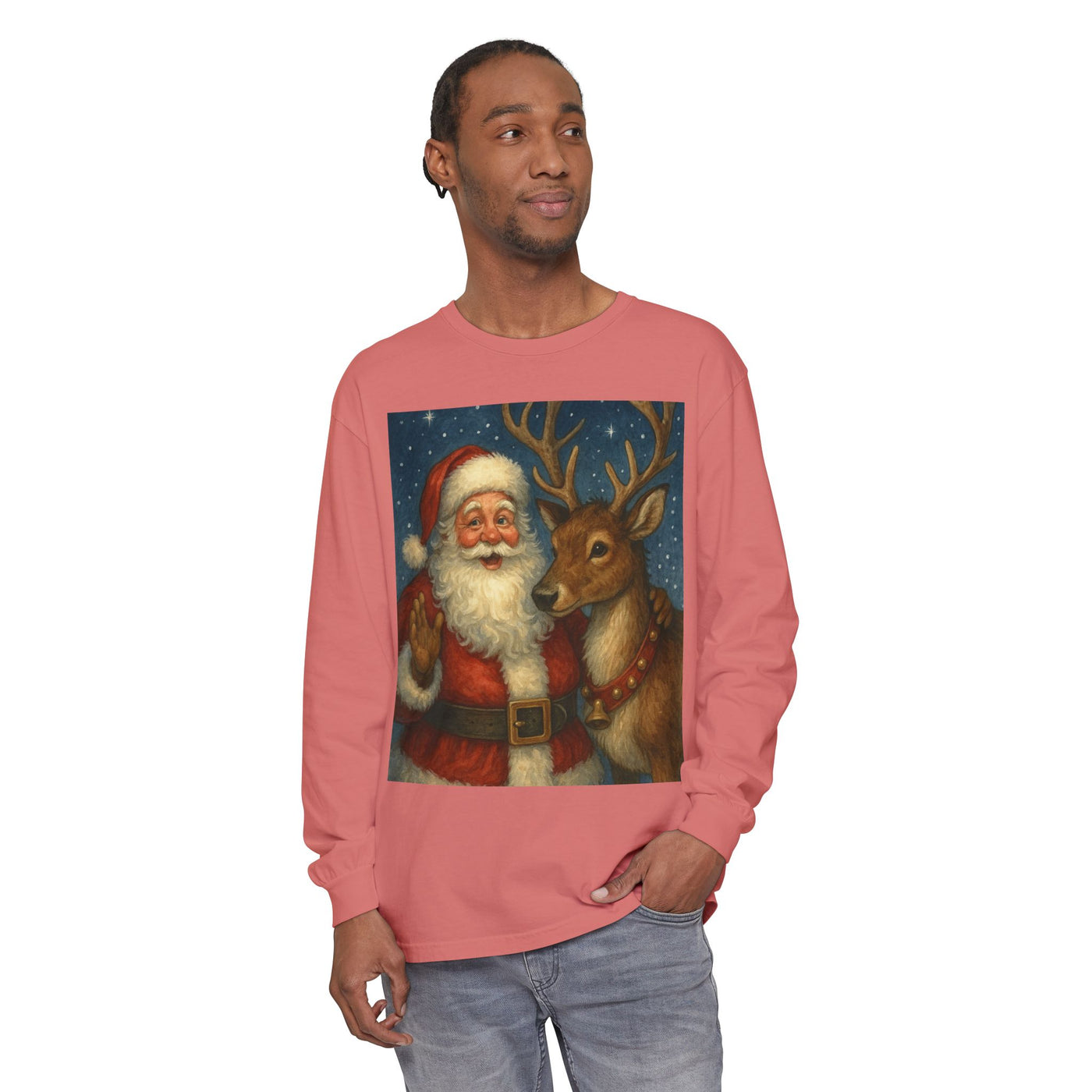 Santa & Reindeer Vintage Christmas Long Sleeve Tee