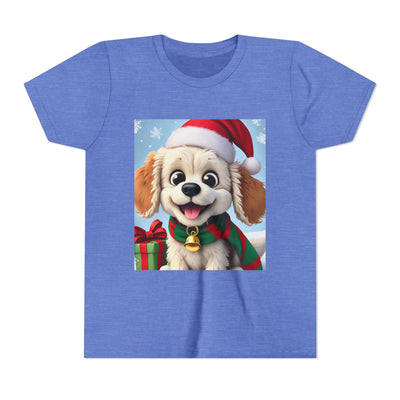 Cute Puppy Holiday Youth Short Sleeve Tee, Kids Christmas Gift, Dog Lover Shirt, Holiday Apparel, Fun Winter Wear