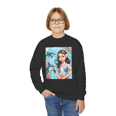 Dolphin Girl Youth Crewneck Sweatshirt — Cute Island Girl Graphic