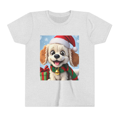 Cute Puppy Holiday Youth Short Sleeve Tee, Kids Christmas Gift, Dog Lover Shirt, Holiday Apparel, Fun Winter Wear