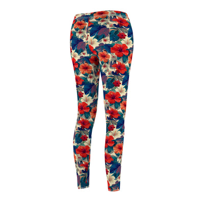 Floral Watercolor Leggings — Women's All-Over Red & Blue Blossom Print