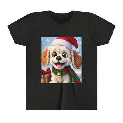 Cute Puppy Holiday Youth Short Sleeve Tee, Kids Christmas Gift, Dog Lover Shirt, Holiday Apparel, Fun Winter Wear