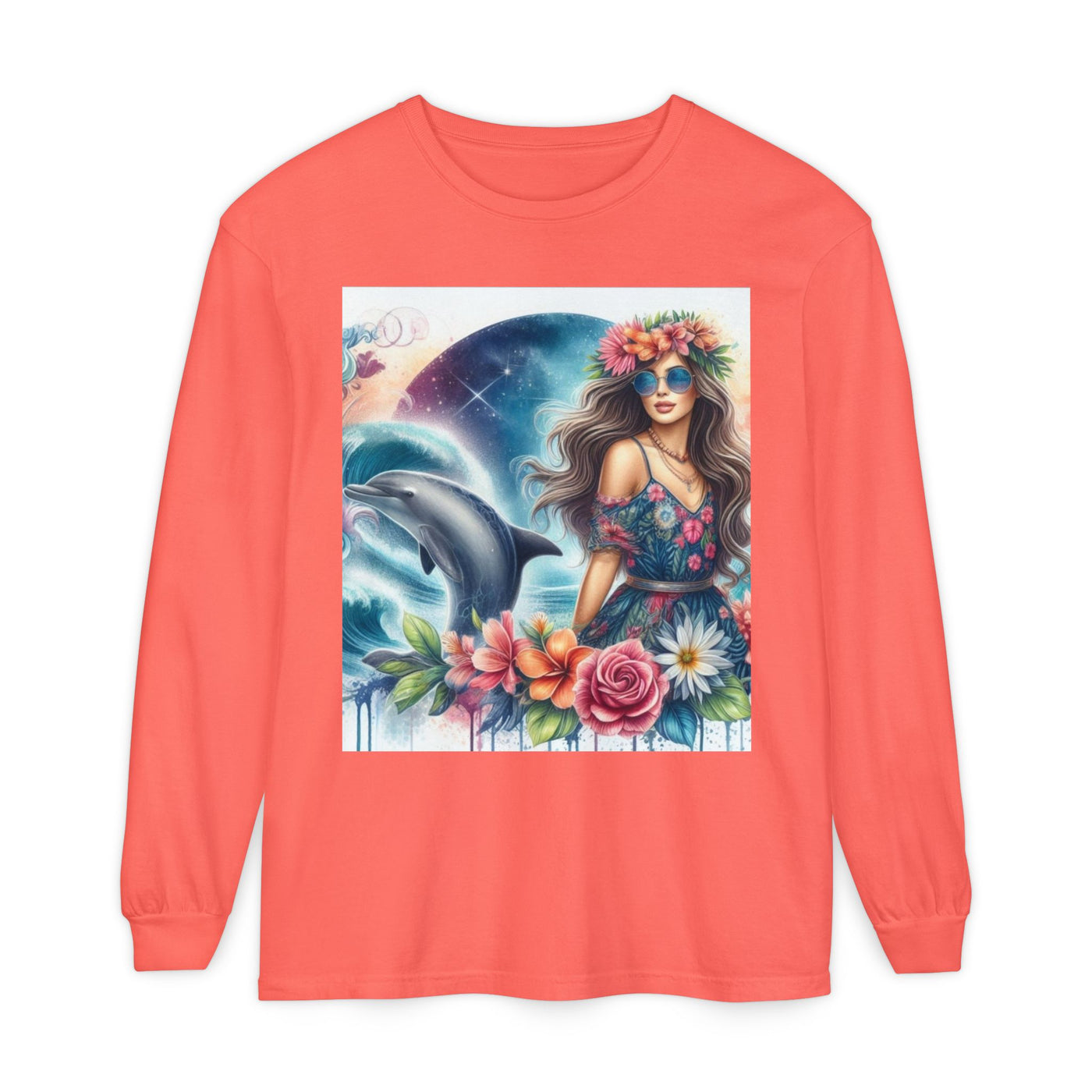 Dolphin Dream Long Sleeve Tee, Boho Style Shirt, Ocean Lover Gift, Beach Party Outfit, Casual Wear, Floral Graphic Tee