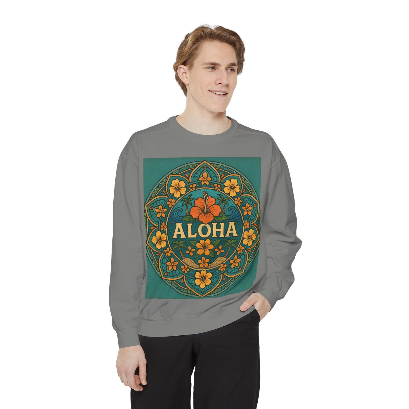 Aloha Floral Sweatshirt, Unisex Garment-Dyed Crewneck, Cozy Beach Vibes, Gift for Friends, Tropical Style Apparel, Casual Everyday Wear