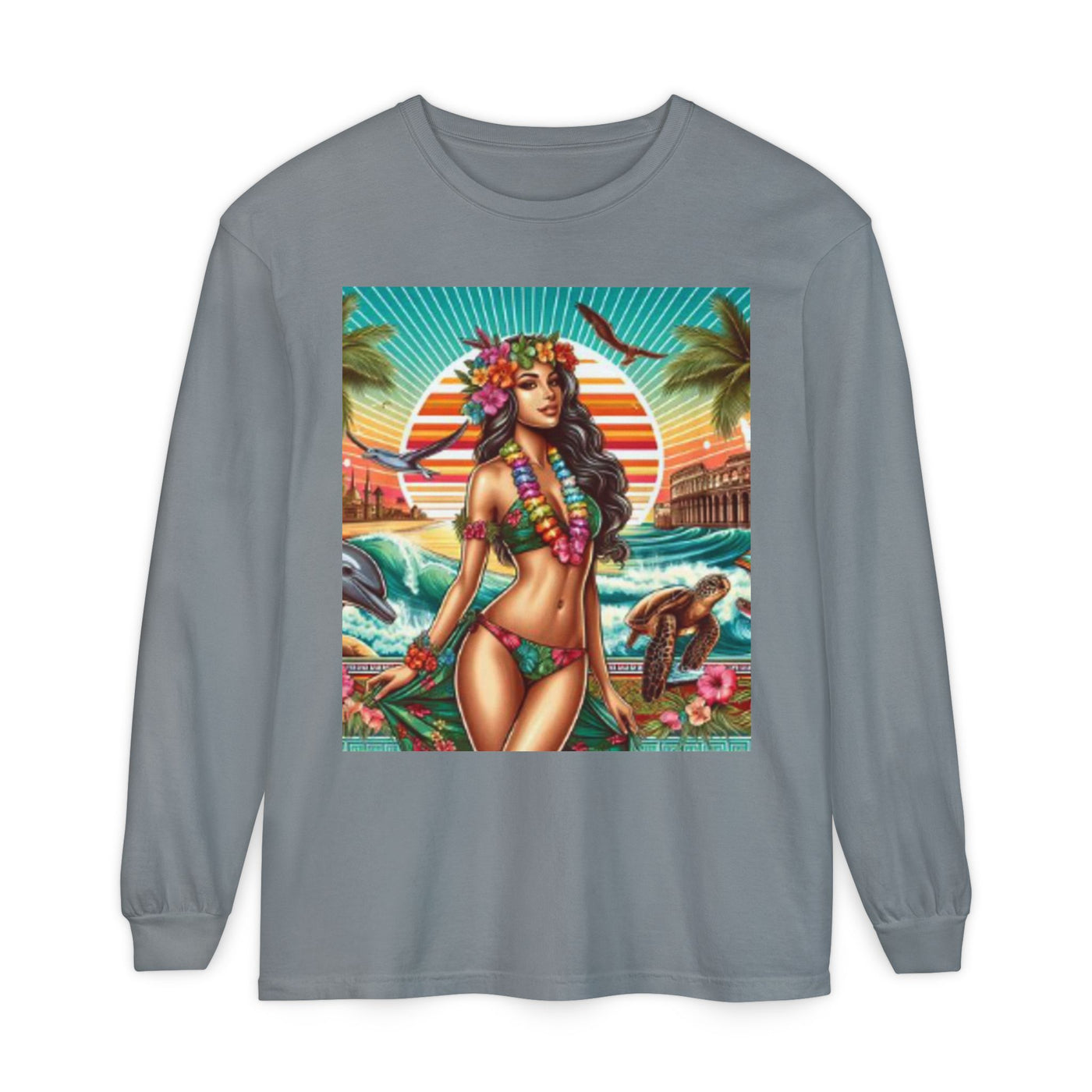 T-Shirt with Tropical Goddess Design, Beach Vibes Long Sleeve Tee for Summer, Luau Party Wear, Vacation Tshirt, Island Life Apparel