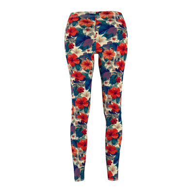 Floral Watercolor Leggings — Women's All-Over Red & Blue Blossom Print