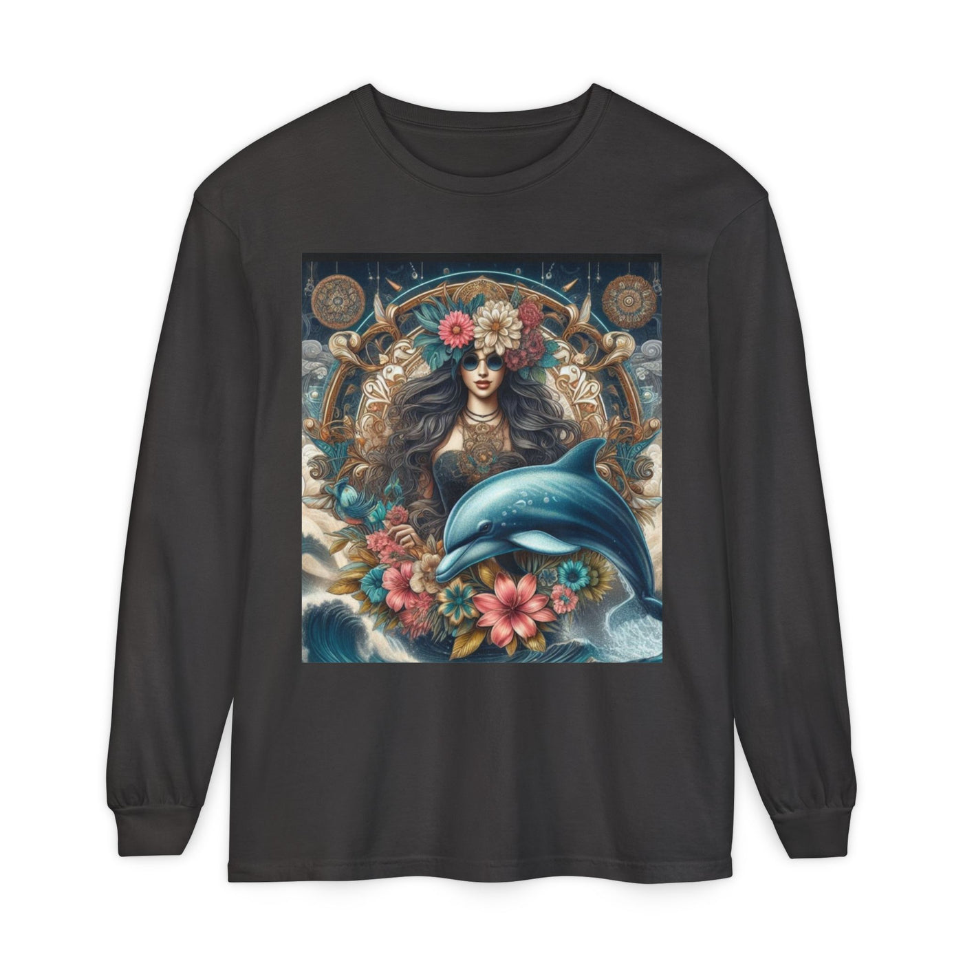 Bohemian Dolphin Art Long Sleeve T-Shirt, Tropical Tees, Casual Wear, Gifts for Nature Lovers, Eco-Friendly Apparel, Summer Vibes