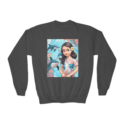 Dolphin Girl Youth Crewneck Sweatshirt — Cute Island Girl Graphic