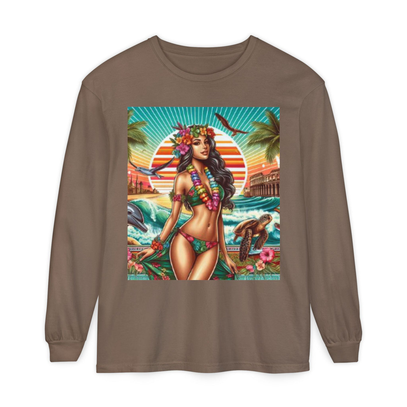 T-Shirt with Tropical Goddess Design, Beach Vibes Long Sleeve Tee for Summer, Luau Party Wear, Vacation Tshirt, Island Life Apparel