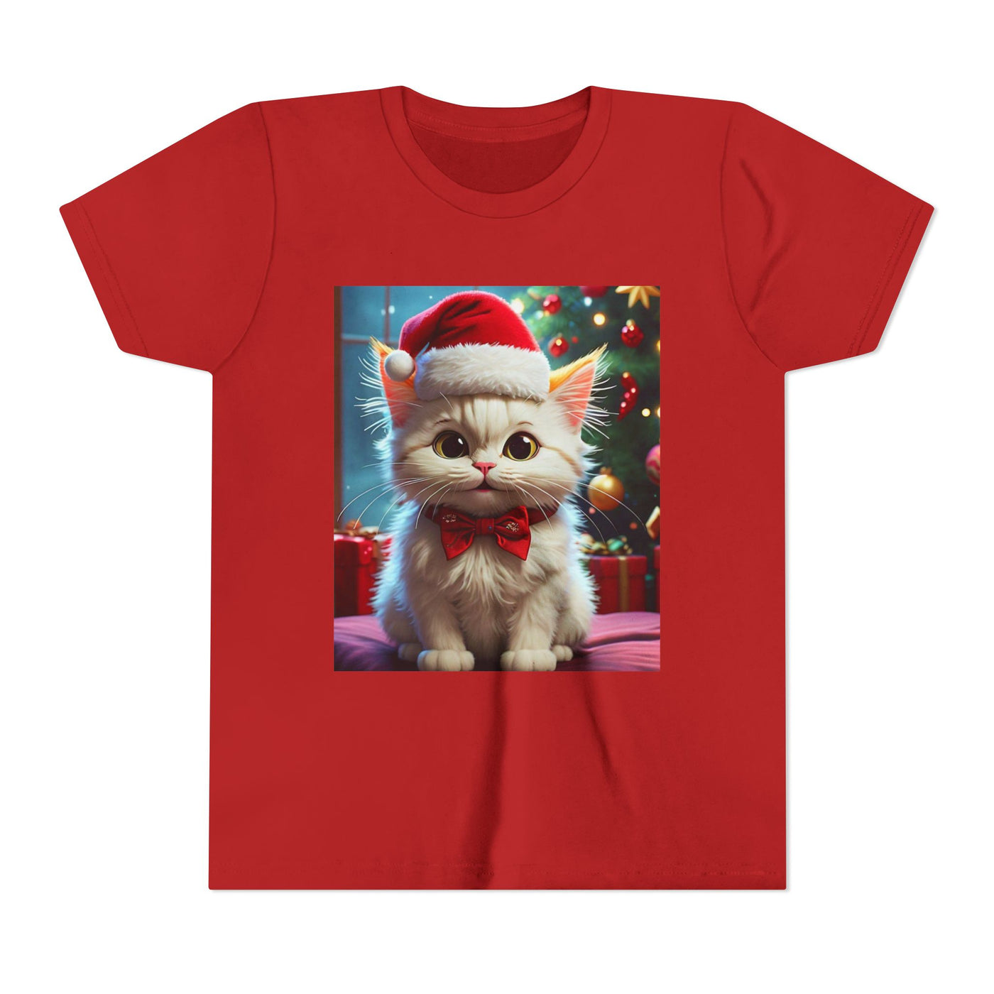 Christmas Cat Youth Tee, Holiday T-Shirt, Cute Kitten Shirt, Kids Christmas Gift, Festive Apparel