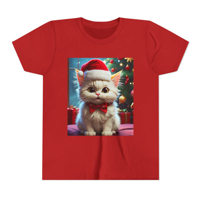 Christmas Cat Youth Tee, Holiday T-Shirt, Cute Kitten Shirt, Kids Christmas Gift, Festive Apparel