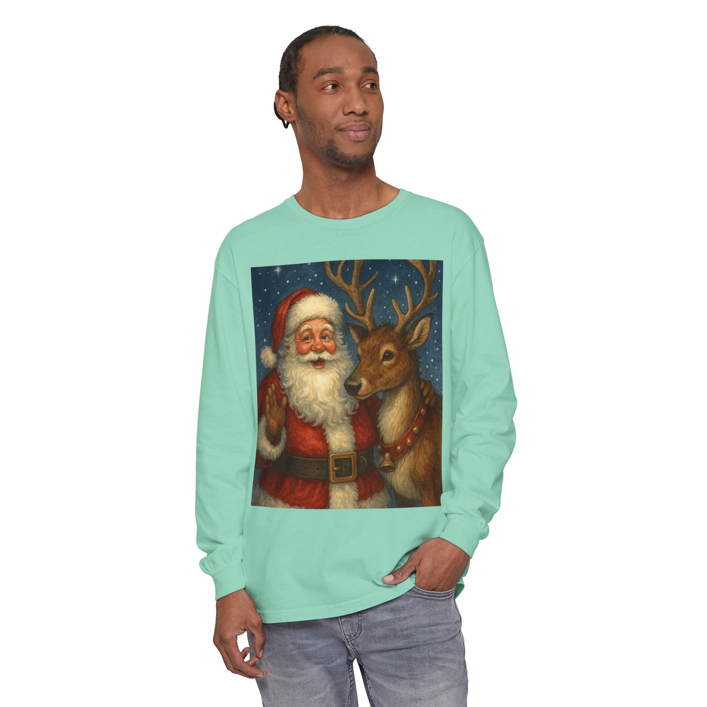 Santa & Reindeer Vintage Christmas Long Sleeve Tee