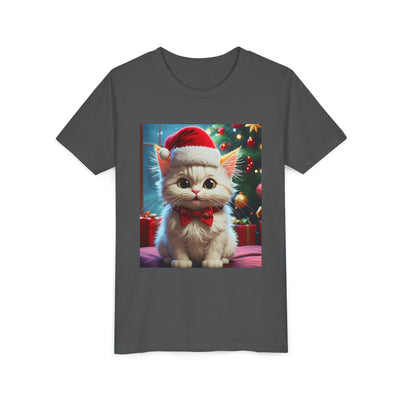 Christmas Cat Youth Tee, Holiday T-Shirt, Cute Kitten Shirt, Kids Christmas Gift, Festive Apparel