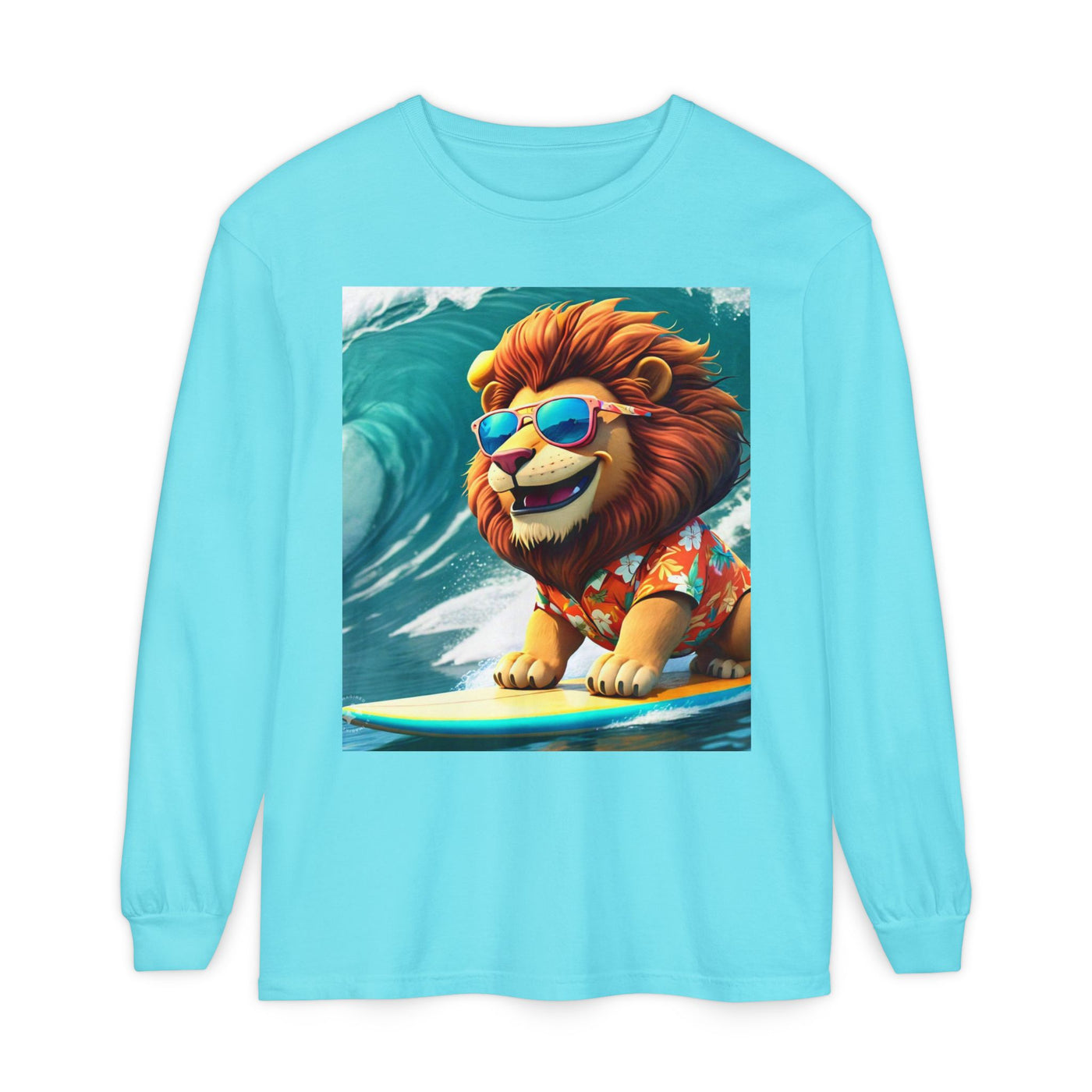 Surfing Lion Long Sleeve T-Shirt, Casual Beachwear, Cool Animal Tee, Gift for Animal Lovers, Summer Graphic Shirt