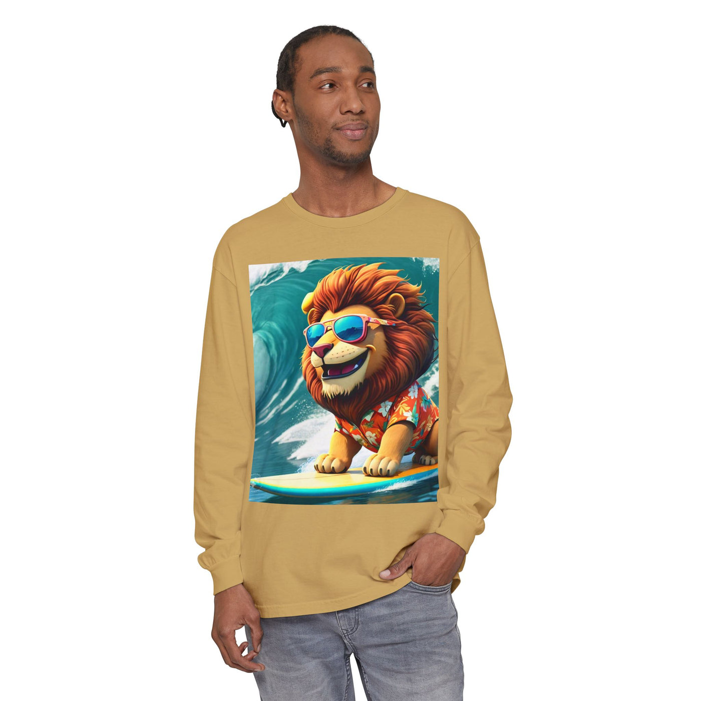 Surfing Lion Long Sleeve T-Shirt, Casual Beachwear, Cool Animal Tee, Gift for Animal Lovers, Summer Graphic Shirt