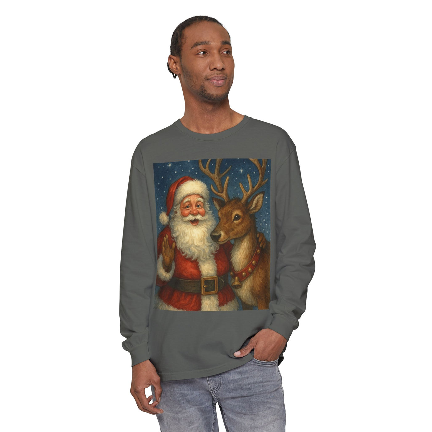 Santa & Reindeer Vintage Christmas Long Sleeve Tee