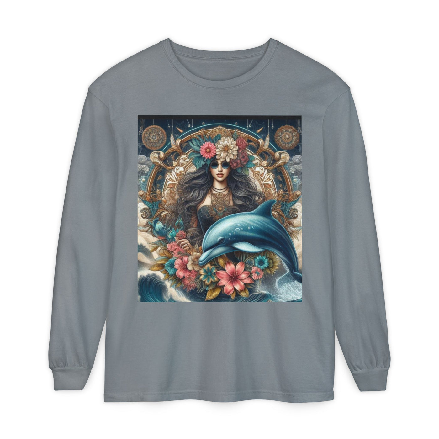 Bohemian Dolphin Art Long Sleeve T-Shirt, Tropical Tees, Casual Wear, Gifts for Nature Lovers, Eco-Friendly Apparel, Summer Vibes