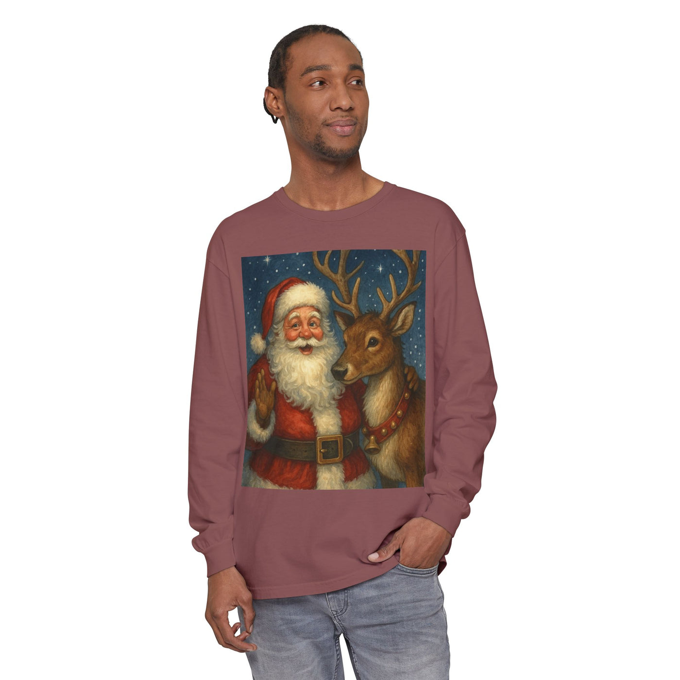 Santa & Reindeer Vintage Christmas Long Sleeve Tee