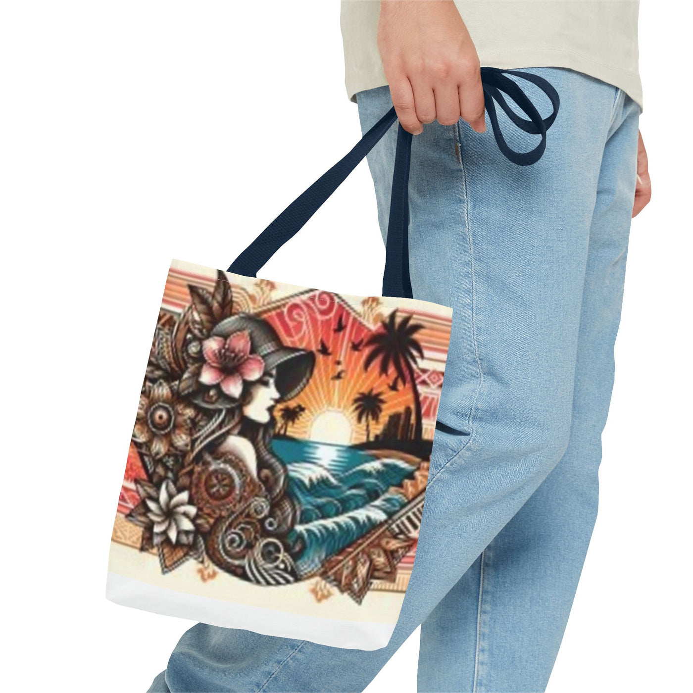 Tote Bag — Tropical Sunset Polynesian Floral Wave Design