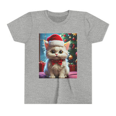 Christmas Cat Youth Tee, Holiday T-Shirt, Cute Kitten Shirt, Kids Christmas Gift, Festive Apparel